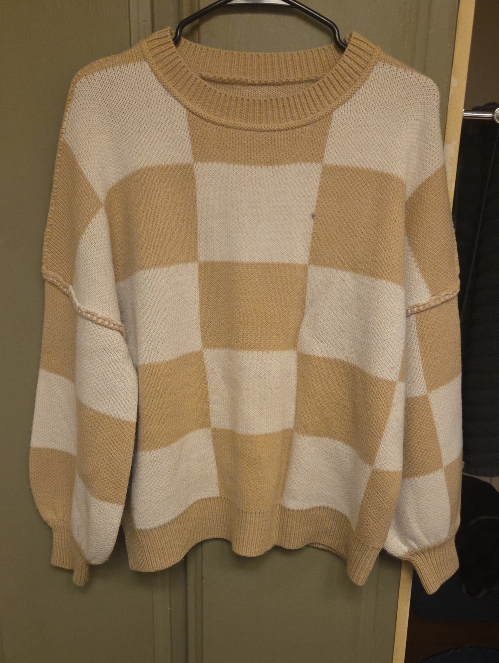 Beige and Cream Checkered Knit Sweater - Women
